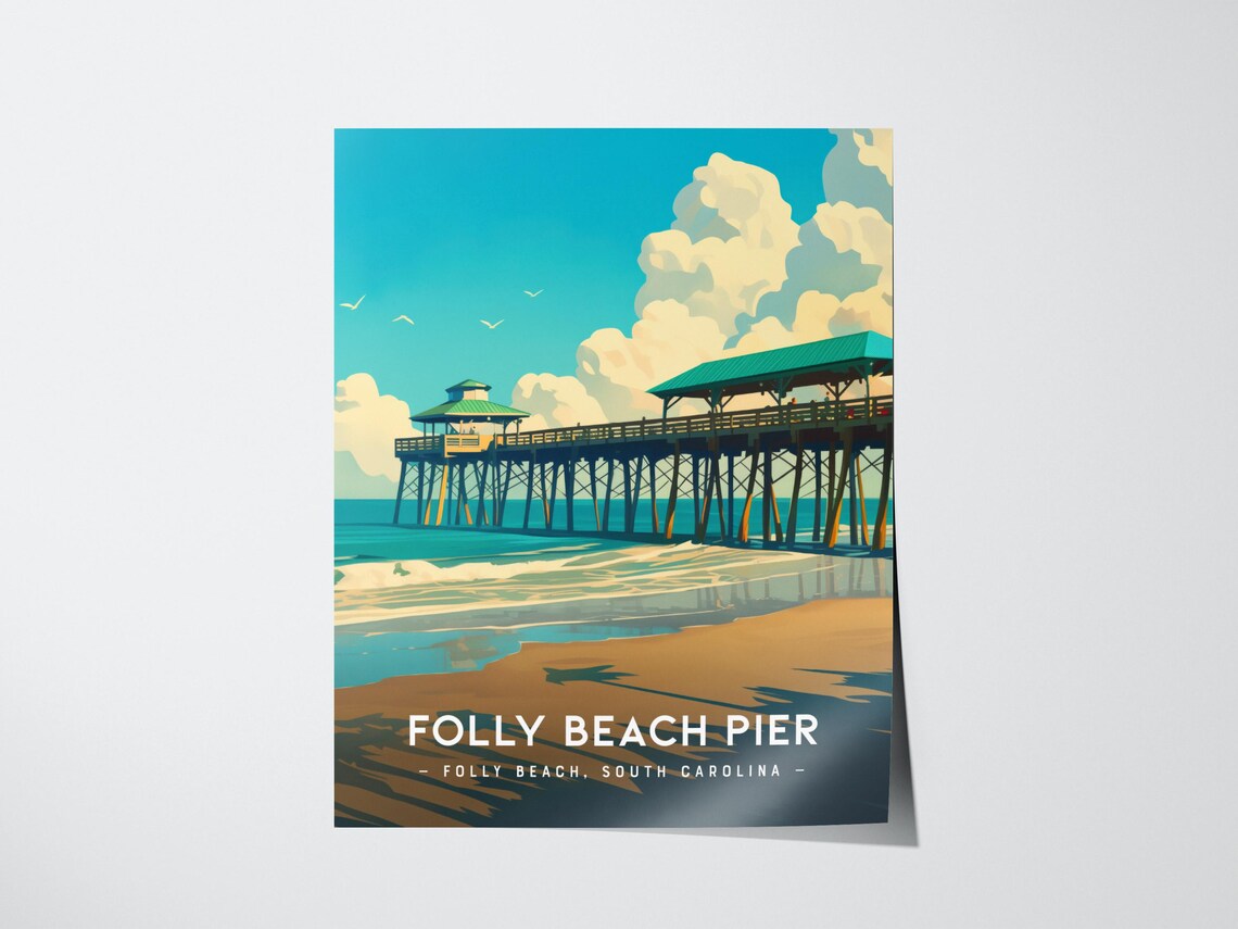 Folly Beach Pier South Carolina Fishing Pier Ocean Beach Art Poster