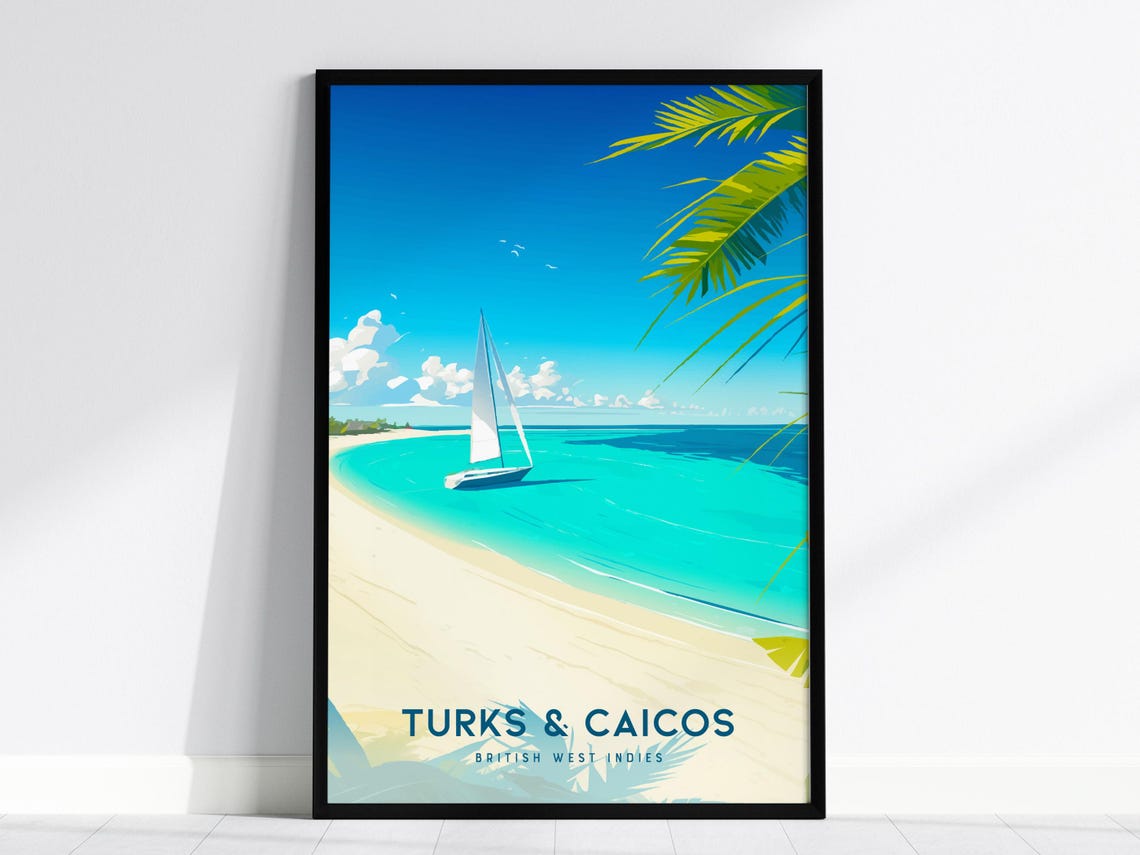 Turks and Caicos Tropical Beach Sailboat Coastal Travel Poster