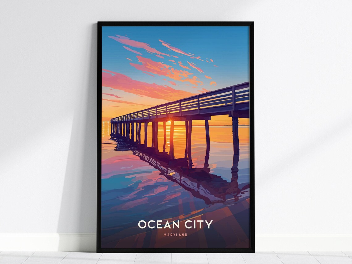 Ocean City Maryland Pier Sunset Beach Boardwalk Travel Poster