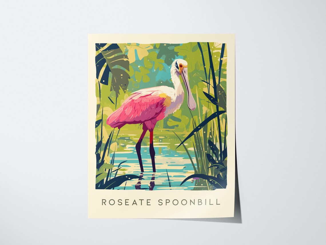 Roseate Spoonbill Pink Wading Bird Watercolor Wildlife Poster