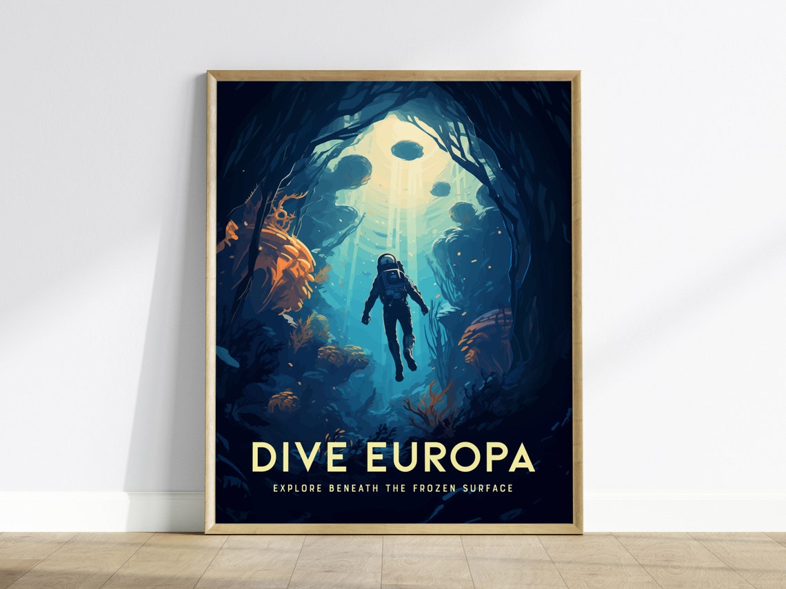 Europa Diving Jupiter Moon Retro Sci-Fi Ice Diver Art Poster