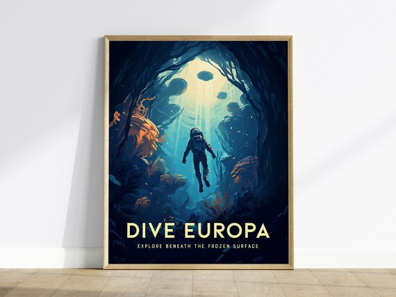 Europa Diving Jupiter Moon Retro Sci-Fi Ice Diver Art Poster