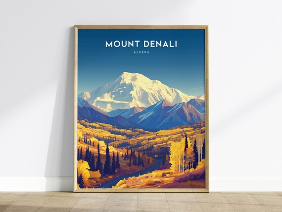 Mount Denali Alaska Snowy Autumn Alpine Landscape Travel Poster