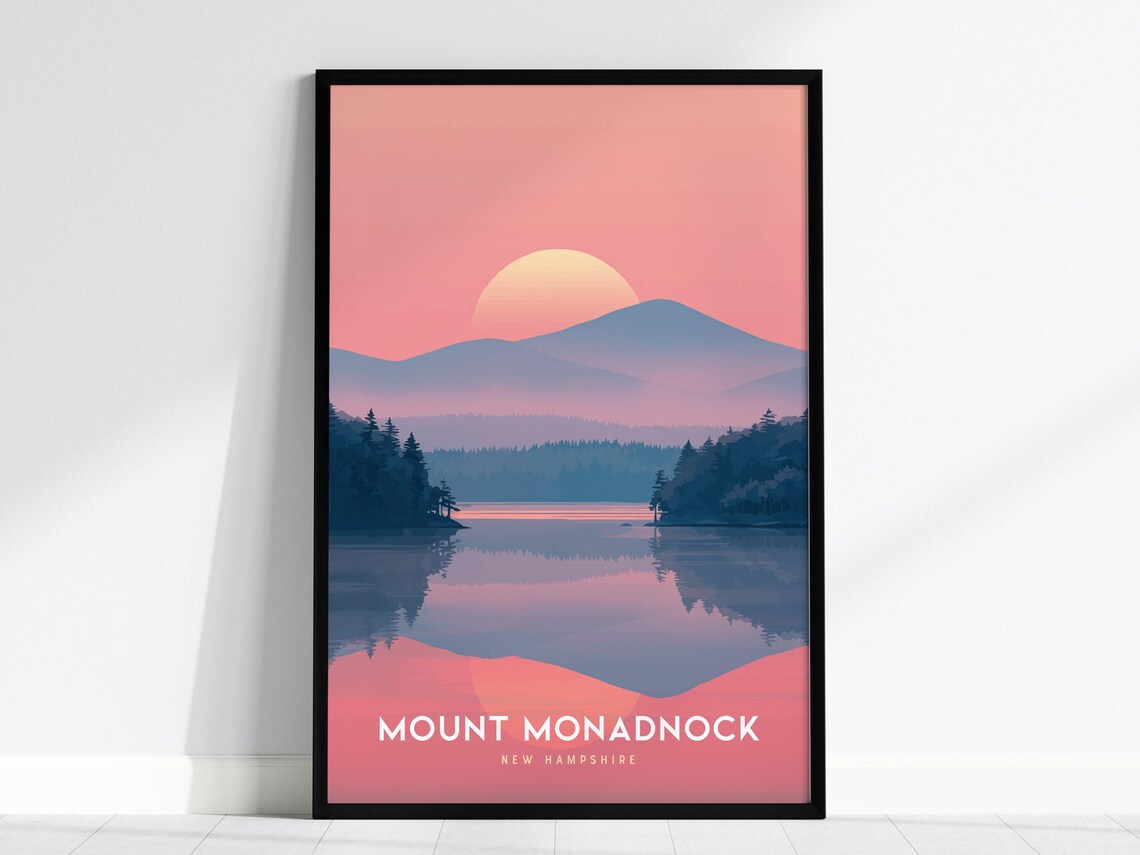Mount Monadnock New Hampshire Pink Sunset Lake Scene Art Poster