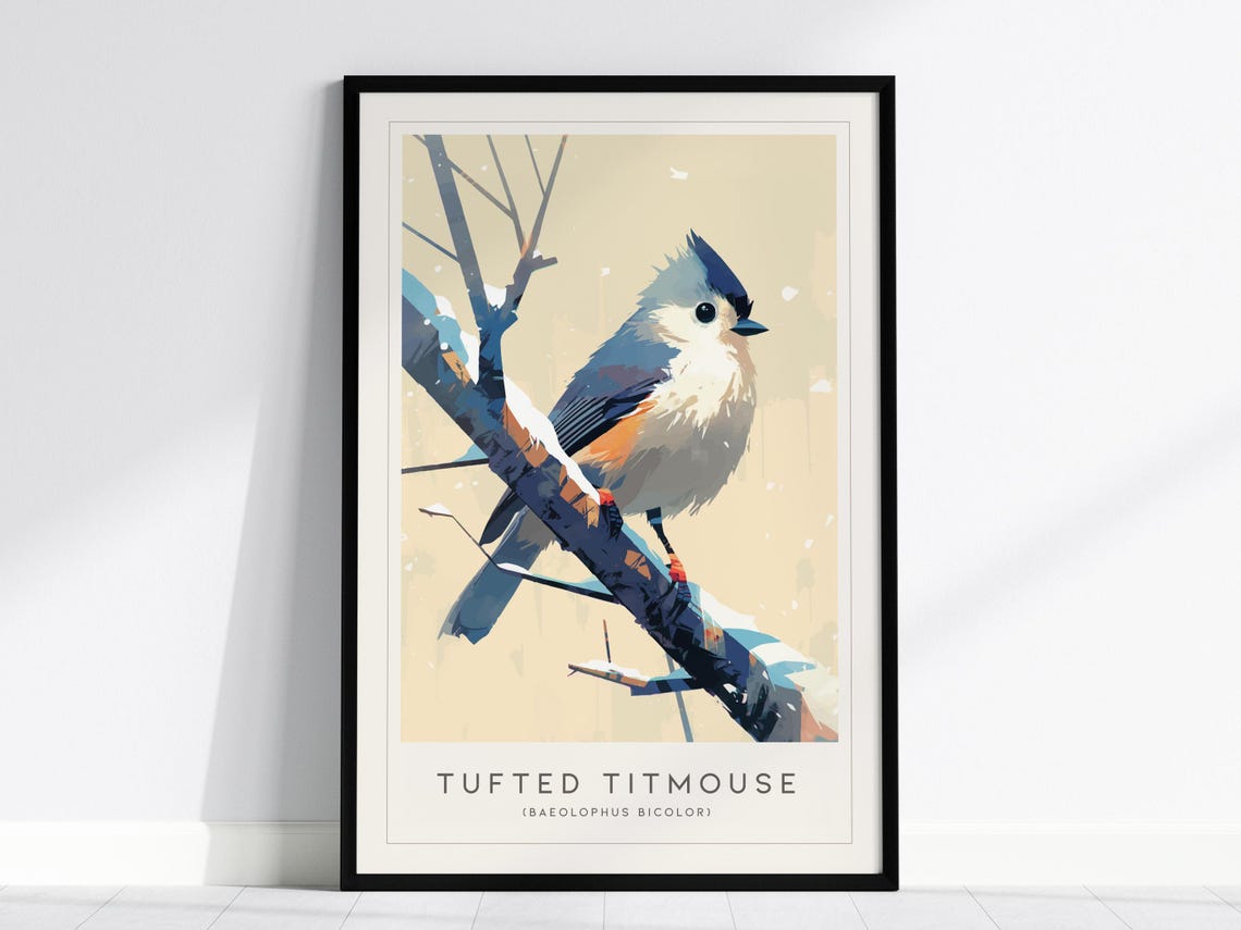 Tufted Titmouse Bird Snowy Branch Winter Illustration Art Poster