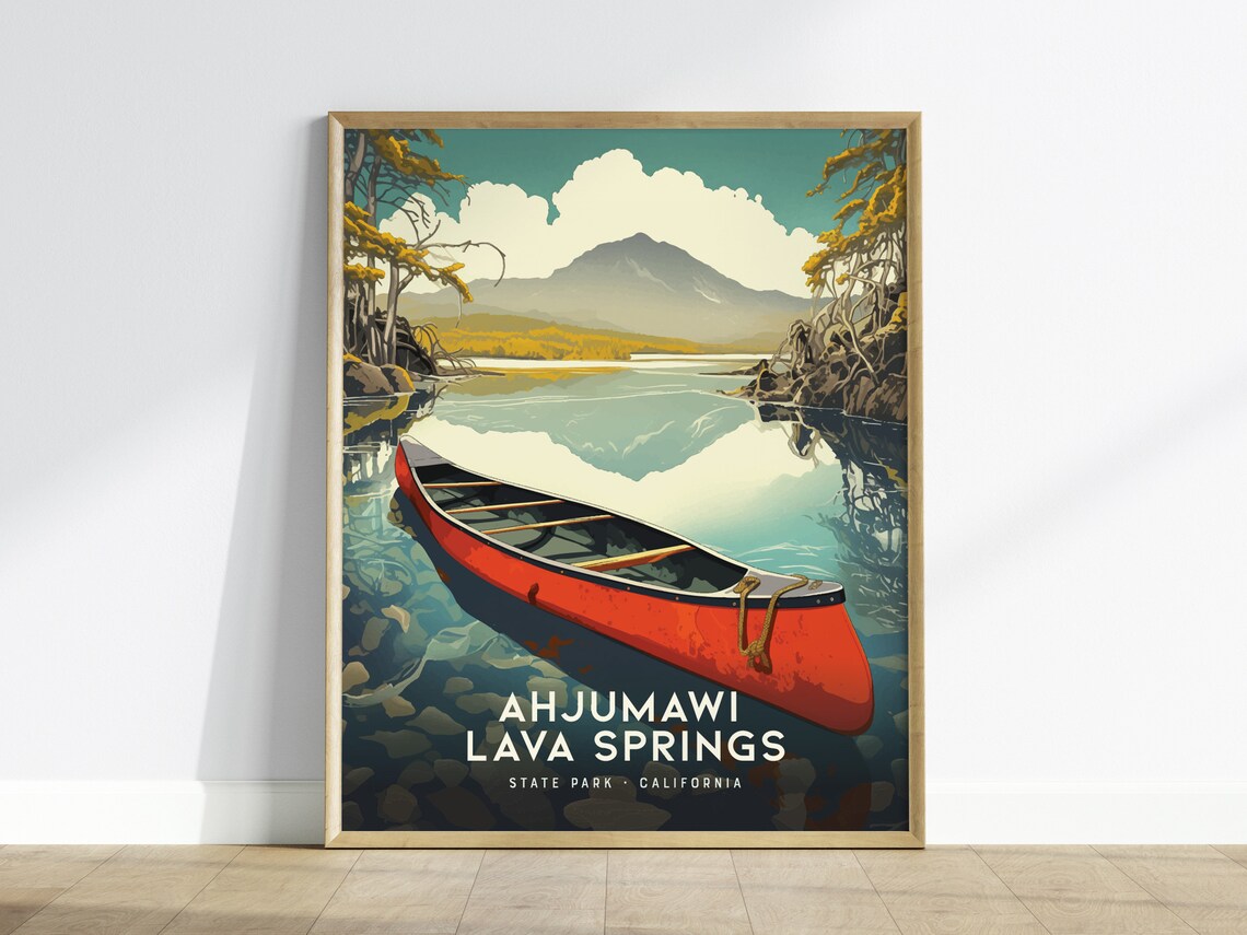 Ahjumawi Lava Springs California Red Canoe Lake Vintage Travel Poster