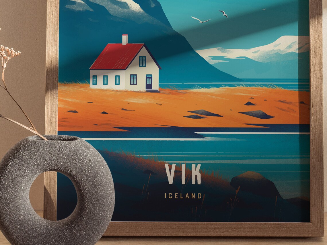 Vik Iceland Red Roof Cottage Snowy Mountain Coastal Travel Poster - Image 2