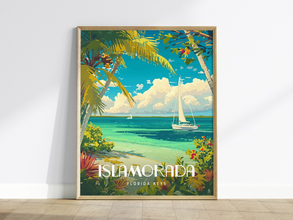 Islamorada Florida Keys Travel Poster, Sailboat Beach Scene