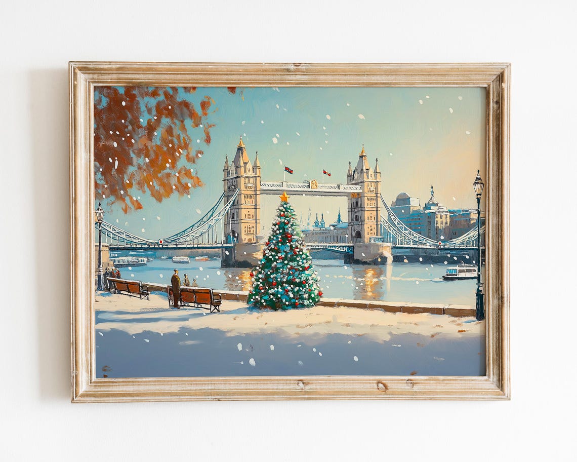 London Tower Bridge Christmas Tree Snow Winter Night Scene Poster