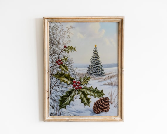 Holly Pinecone and Snowy Christmas Tree Rustic Oil Painting Poster