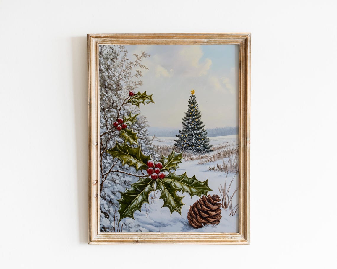 Holly Pinecone and Snowy Christmas Tree Rustic Oil Painting Poster