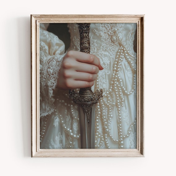 Victorian Woman Holding Ornate Dagger Dark Academia Oil Painting Wall Art