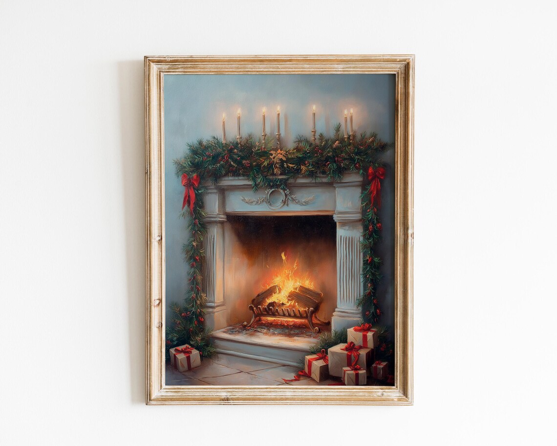 Cozy Christmas Fireplace With Garland Candles And Gifts Oil Painting Poster