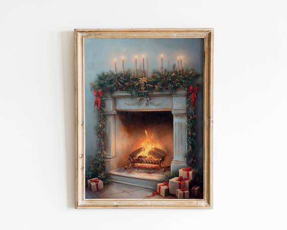 Cozy Christmas Fireplace With Garland Candles And Gifts Oil Painting Poster