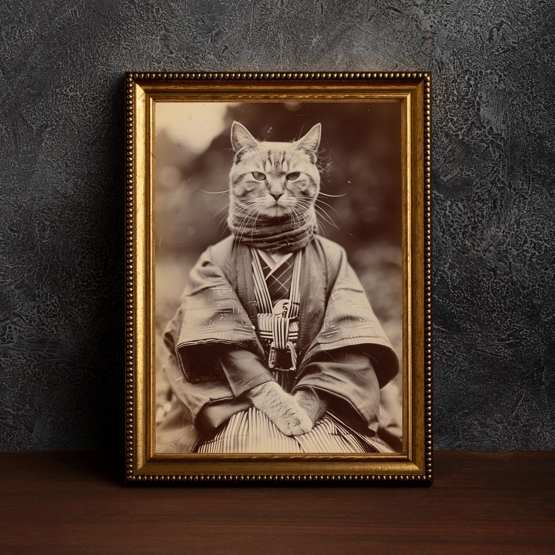Cat in Kimono Vintage Samurai Portrait Funny Animal Art Print