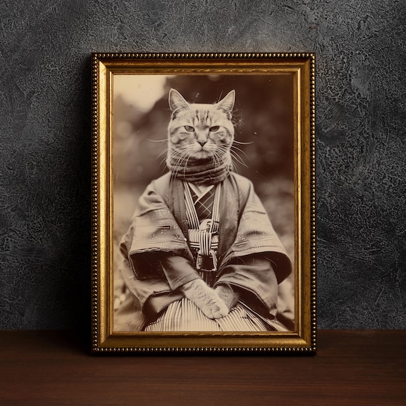 Cat in Kimono Vintage Samurai Portrait Funny Animal Art Print