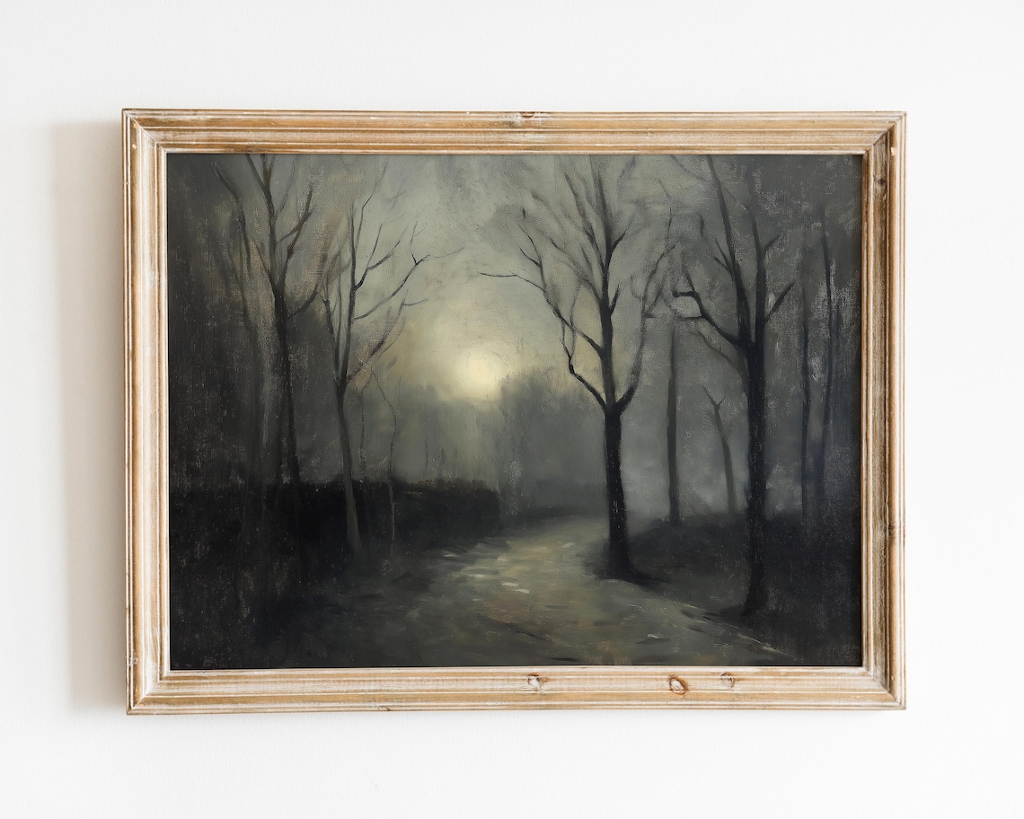Gloomy Moody Charcoal Forest Path Vintage Dark Academia Art Print
