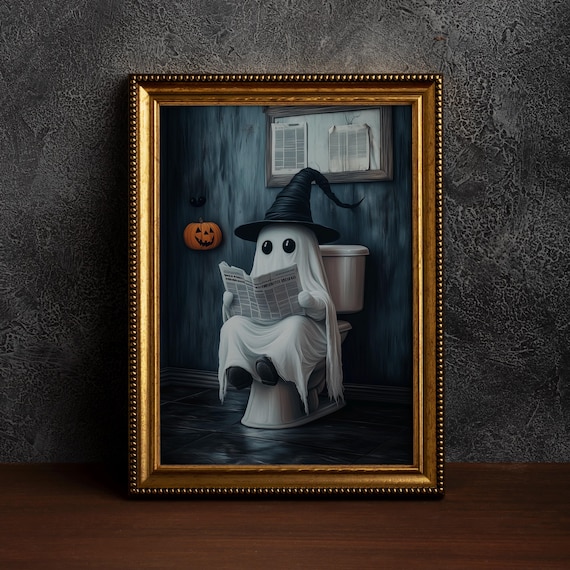 On Toilet Halloween Wall Artwhimsigoth Bathroom Decorghost In Bathroomhalloween Indoor Decorfunny Decorsingle Poster