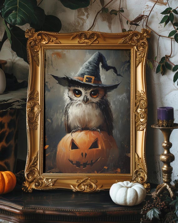 Owl And Pumpkin Halloween Wall Art Spooky Jack O Lantern Print Prints Of Owlowlhalloweenwitch
