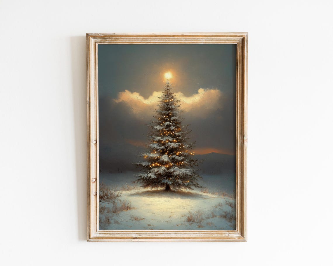 Snowy Christmas Tree Glowing in a Winter Field Holiday Art Poster