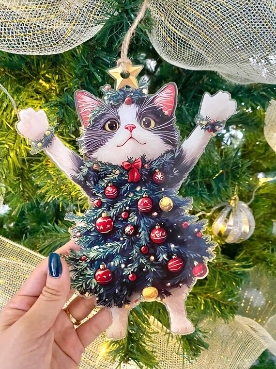 Happy Cat In Christmas Tree Costume With Ornaments Holiday Poster