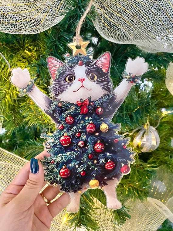 Whimsical Acrylic Cat Christmas Ornament Cute Lover Tree Decoration Funny Holiday Pet Gift Decor