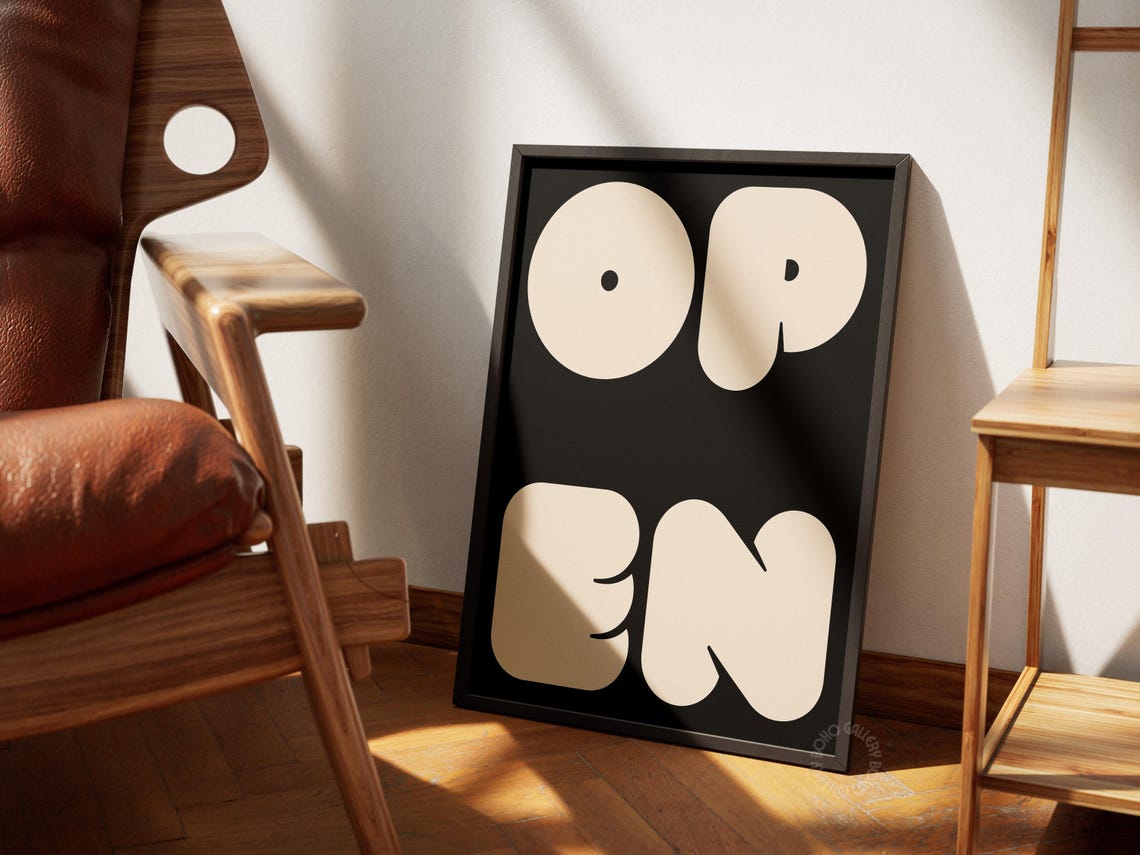OPEN Bubble Letter Typography Poster Bold Black Chic Retro Decor - Image 3