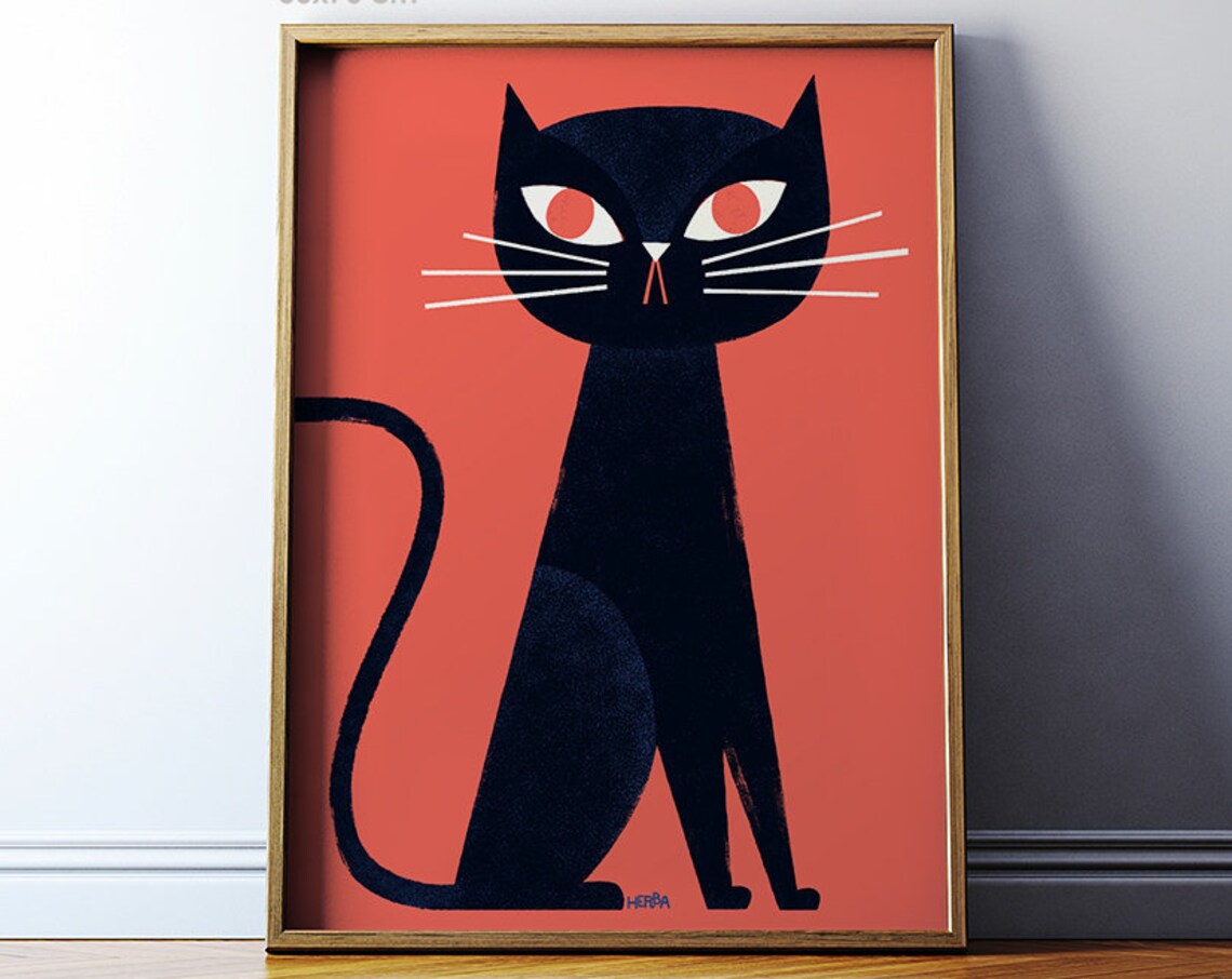 Black Cat Illustration, Cat Poster For Kids