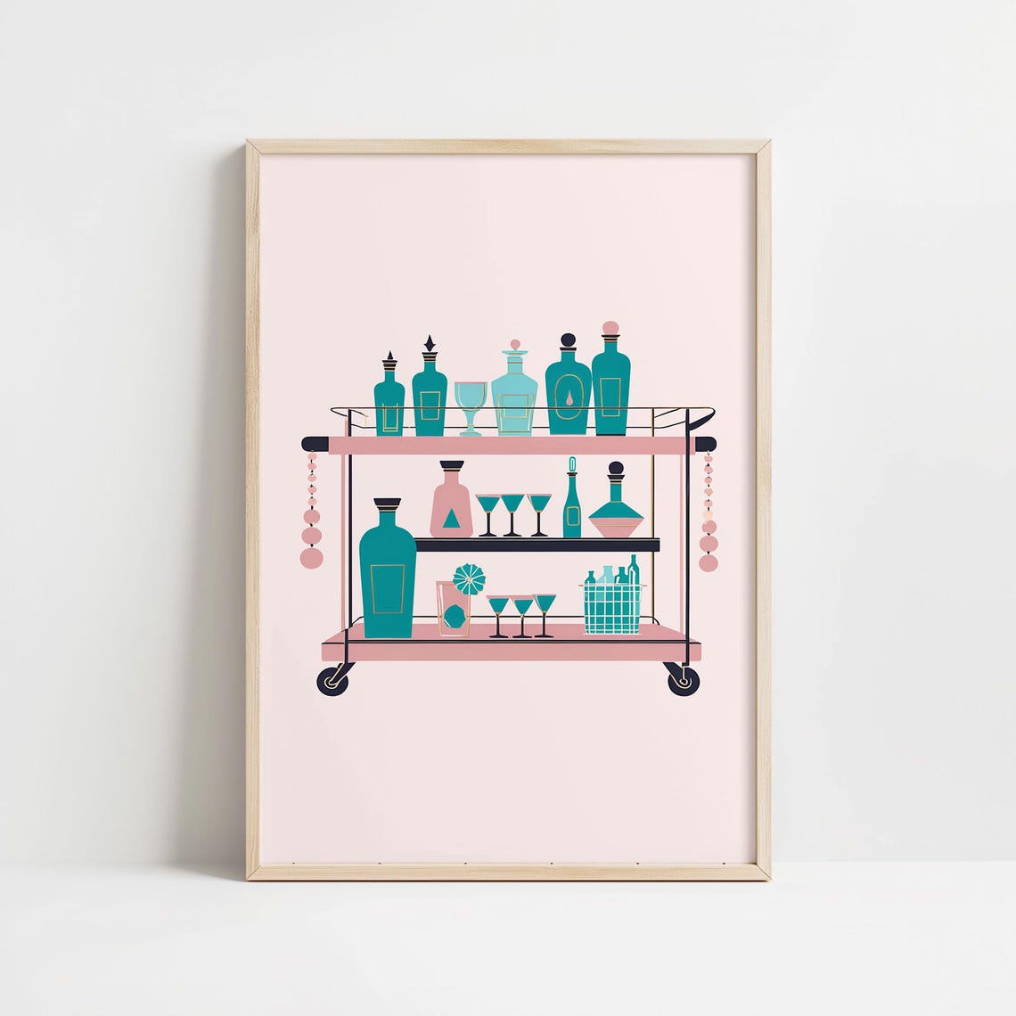 Retro Bar Cart Pink Teal Mid Century Cocktail Illustration Print