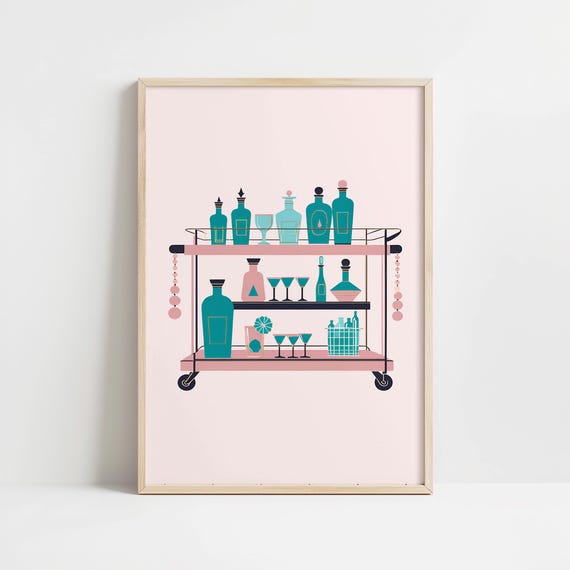 Retro Bar Cart Decor Eclectic Wall Art Print Trendy Art Prints Liquor Wall Art Gifts For Her That Girl Aesthetic