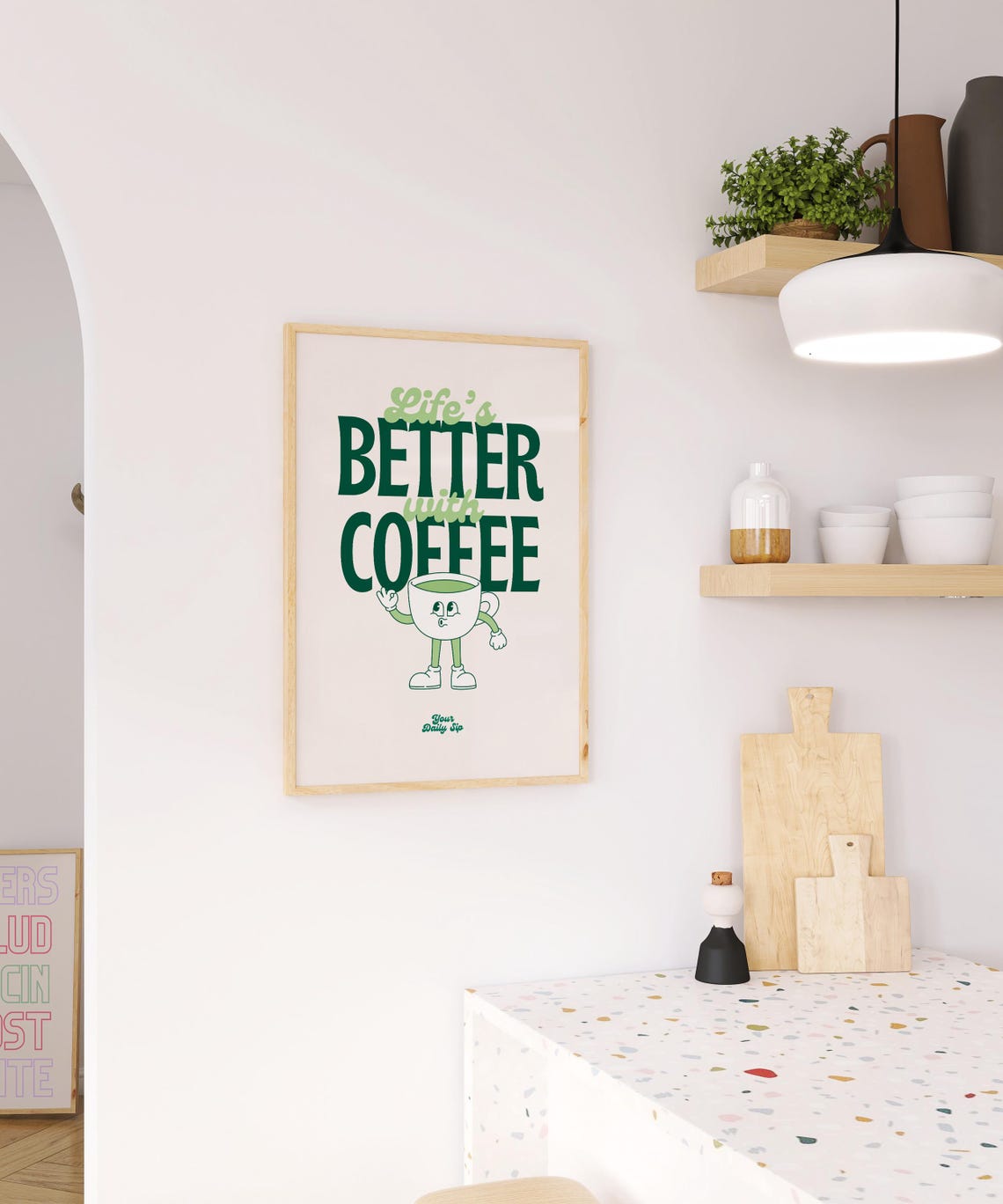 Life's Better With Coffee Retro Green Cup Mascot Kitchen Poster - Image 2