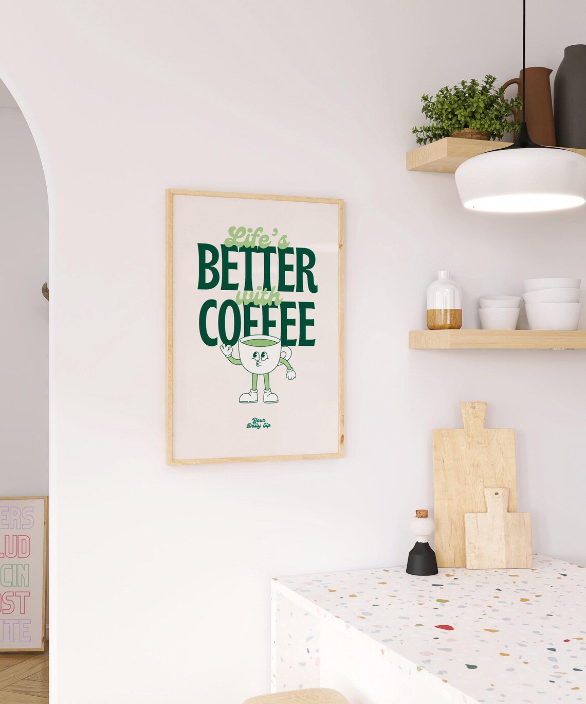 Lifes Better With Coffee Retro Wall Art Print Cute Green Coffee Bar Decor Retro Coffee Illustrations Wall Art - Image 2