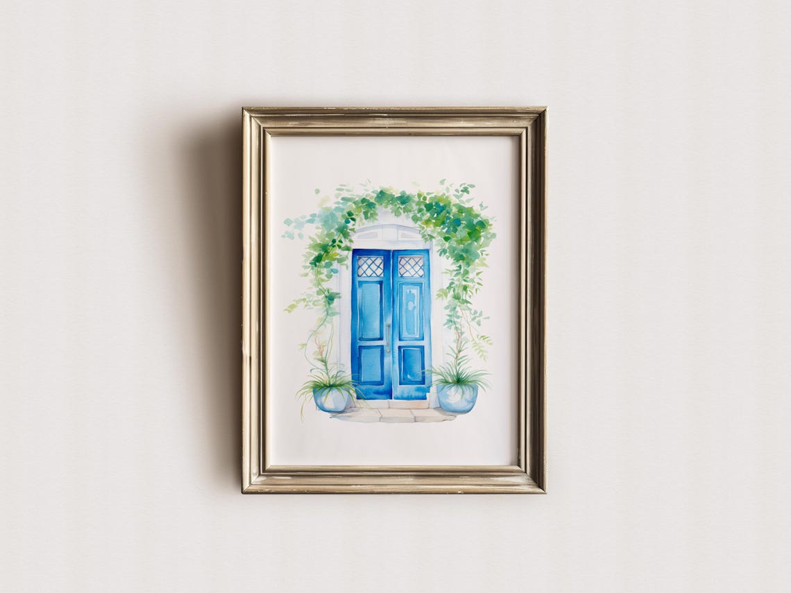 Blue Mediterranean Door Watercolor With Climbing Vines Poster - Image 3