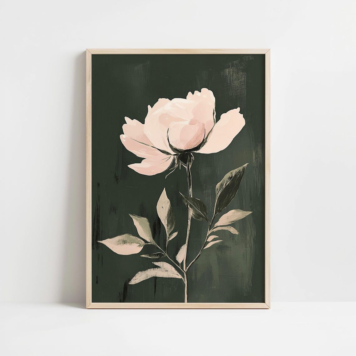 Blush Pink Peony Single Bloom Moody Dark Botanical Floral Wall Art