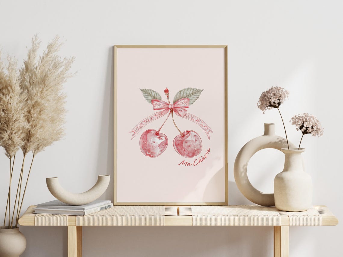 Ma Cherie Cherries Pink Bow Coquette Illustration Decorative Wall Art - Image 2