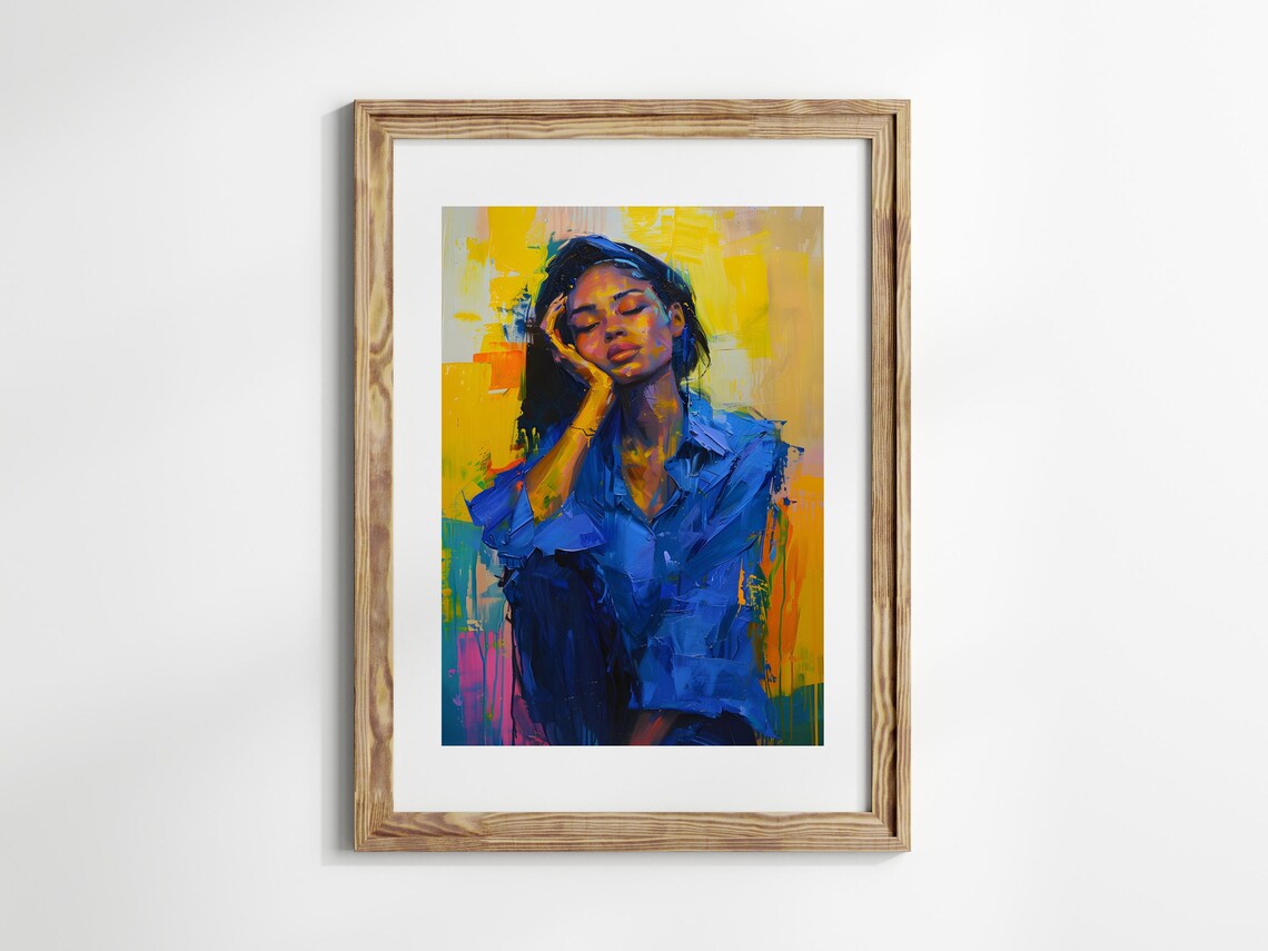 Contemplative Woman Portrait Vibrant Blue Oil Painting Poster - Image 3
