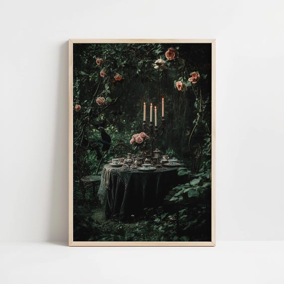 Vintage Dark Cottagecore Enchanted Forest Tea Party Wall Art Print Whimsigoth Decor Moody Gothic Cottagecore Eclectic Maximalist Poster