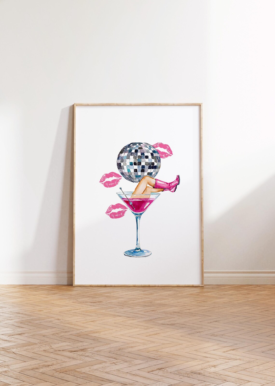 Pink Disco Martini Watercolor Party Cocktail Glass Boots Kisses Poster - Image 3