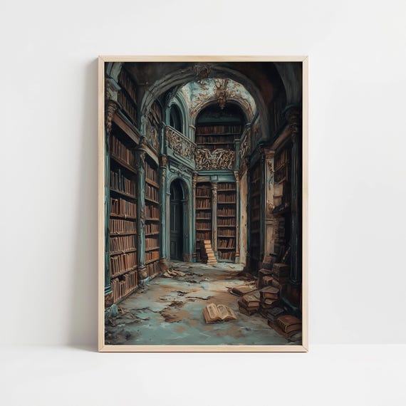 Abandoned Library Moody Dark Academia Wall Art Painting Whimsigoth Decor Vintage Cottagecore Art Eclectic Maximalist Wall Art Print
