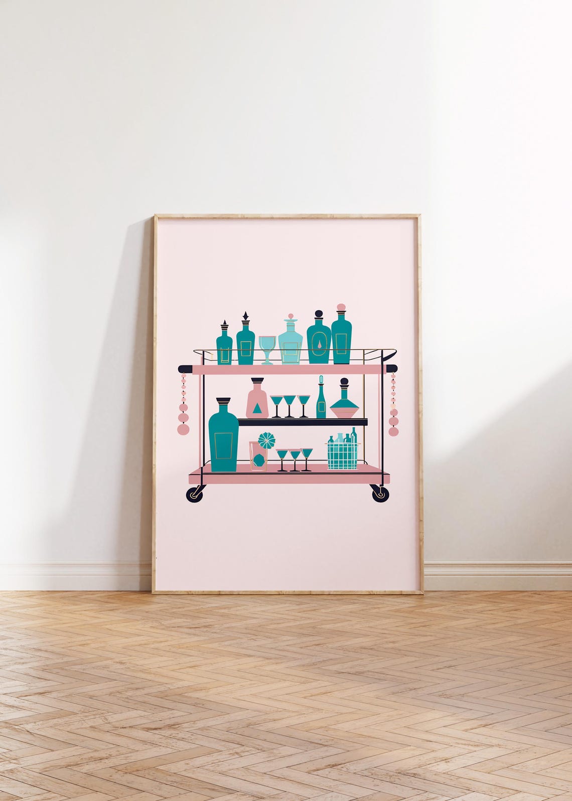 Retro Bar Cart Pink Teal Mid Century Cocktail Illustration Print - Image 3