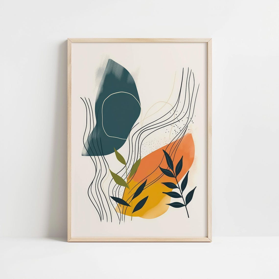 Abstract Organic Teal Orange Shapes Dark Leaf Line Art Poster - Image 2