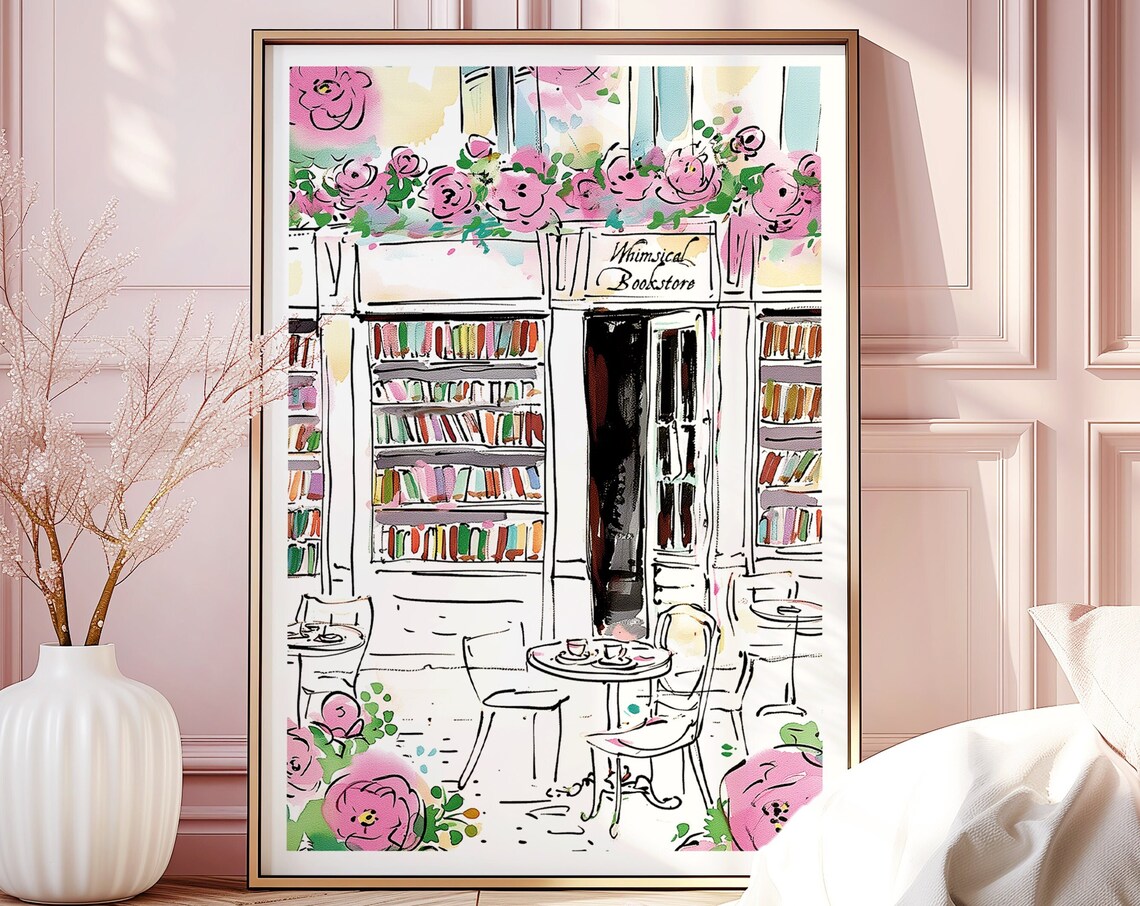 Whimsical Bookstore Cafe Pink Roses Watercolor Bookworm Poster