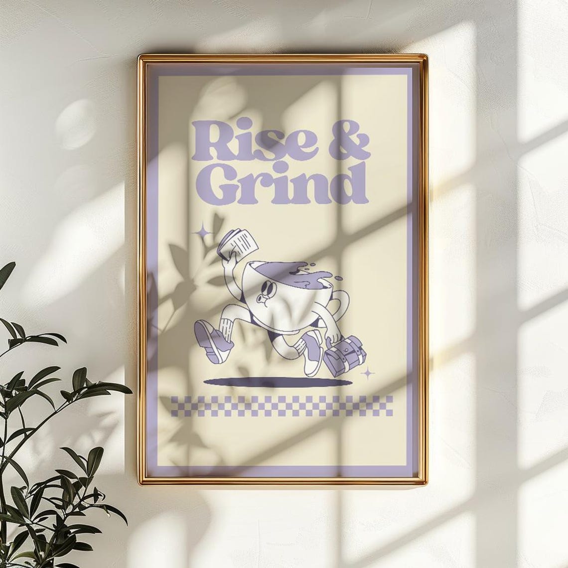 Rise And Grind Retro Coffee Cup Mascot Quote Poster Purple Retro Art - Image 2