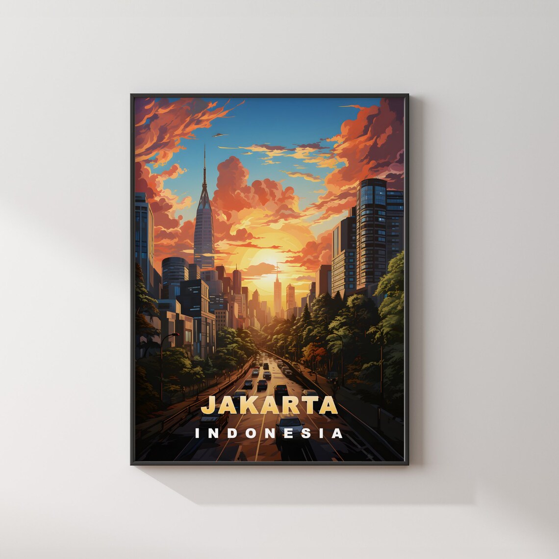 Jakarta Indonesia Sunset Skyline City Street Vintage Travel Poster - Image 2