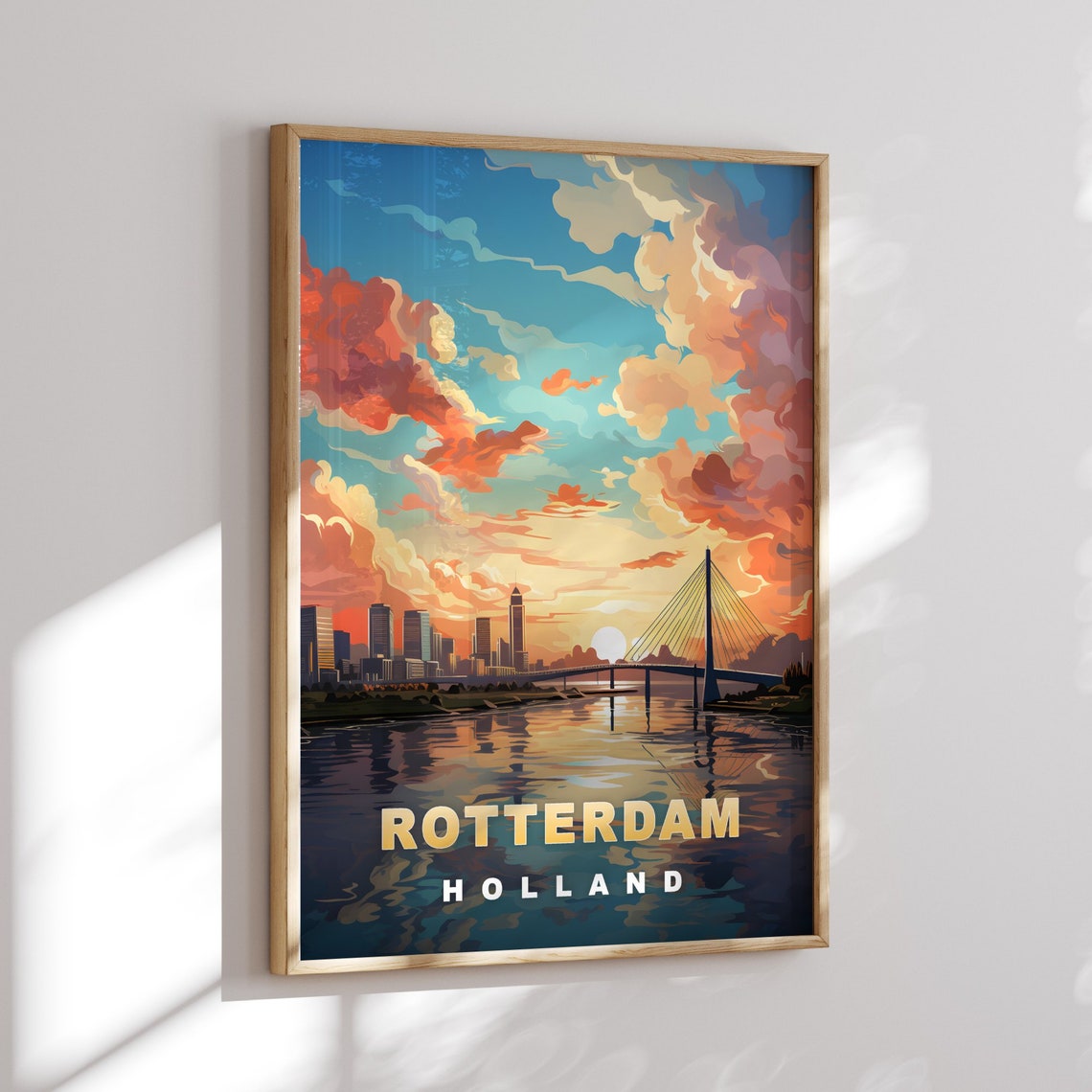 Rotterdam Holland Cable Stayed Bridge Sunset River Skyline Poster - Image 2
