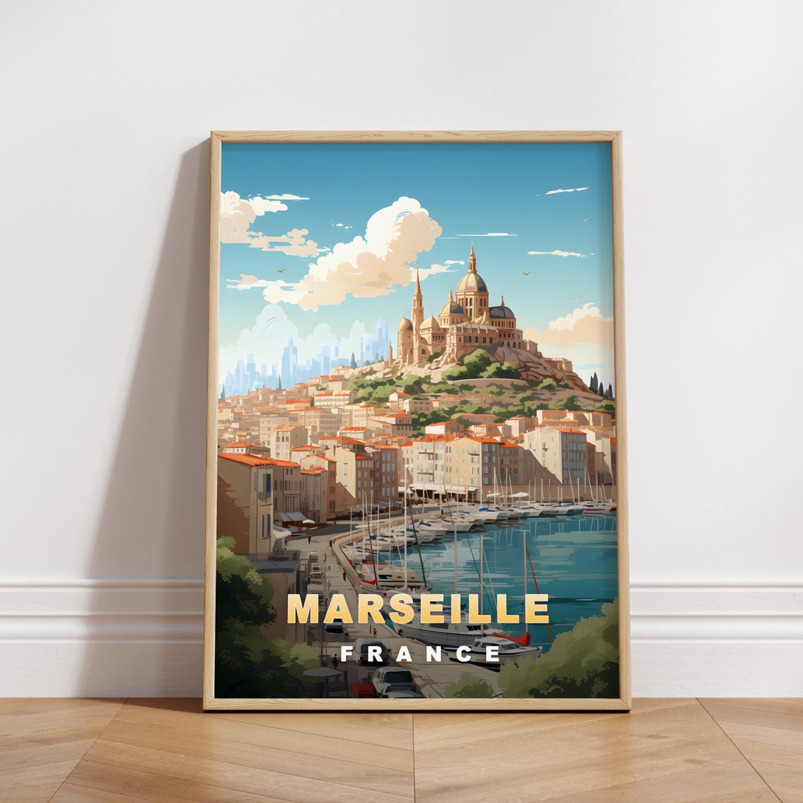 Marseille France Retro Travel Poster Harbor Basilica Hilltop View