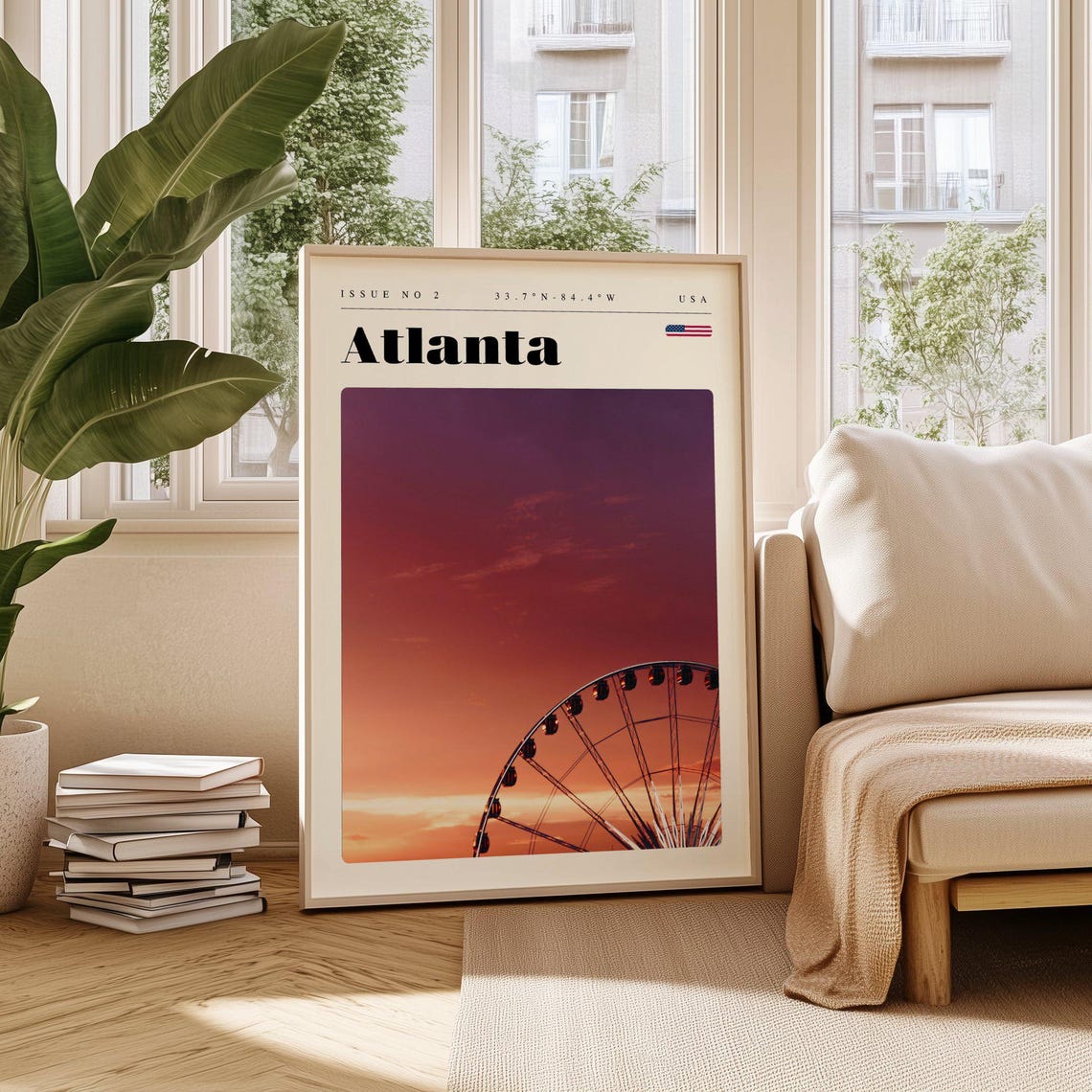 Atlanta Ferris Wheel Sunset Sky Glow Issue 2 Retro Travel Poster