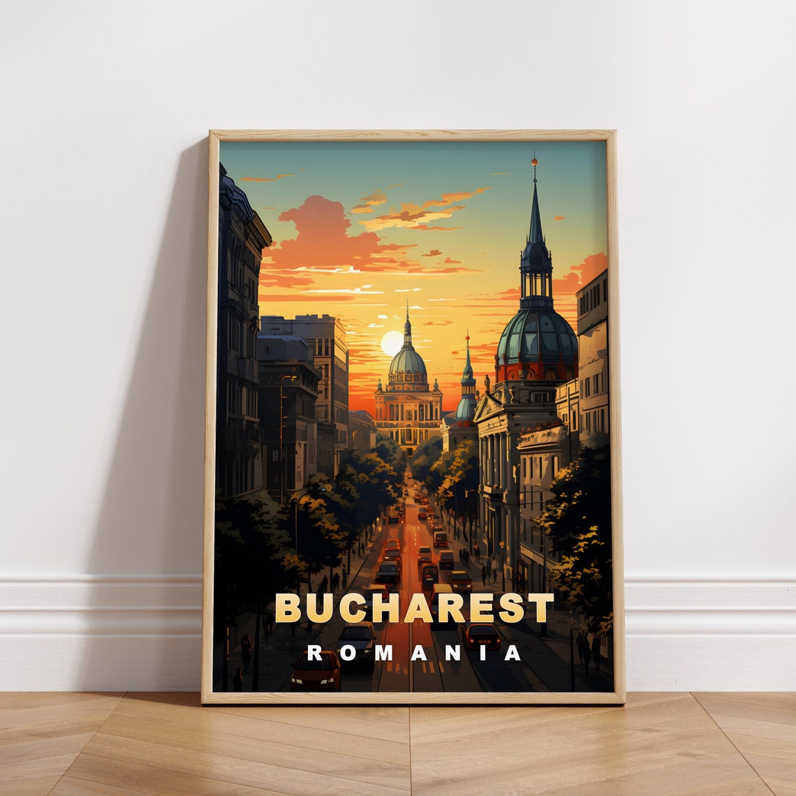 Bucharest Romania Sunset Boulevard Domed Church Skyline Travel Poster