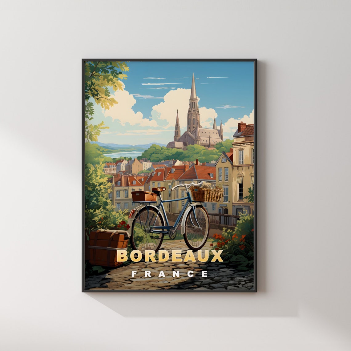 Bordeaux France Bicycle Cathedral River Valley Vintage Travel Poster - Image 2