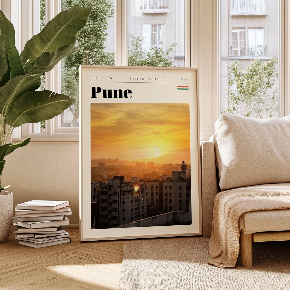 Pune India Golden Sunset Over the City Skyline Travel Poster Art